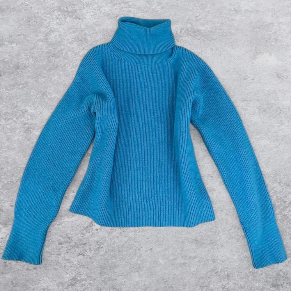 Ann Taylor Womens Turquoise Blue Ribbed Chunky Knit Turtleneck Sweater Size M